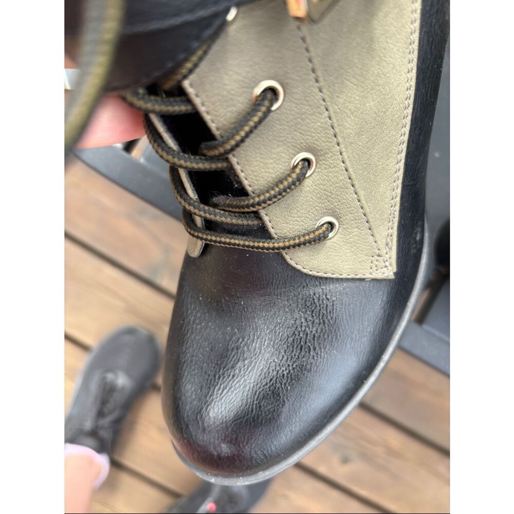 Women’s Lace-Up Ankle Boots with Buckle Strap - Black & Tan - Picture 9 of 11
